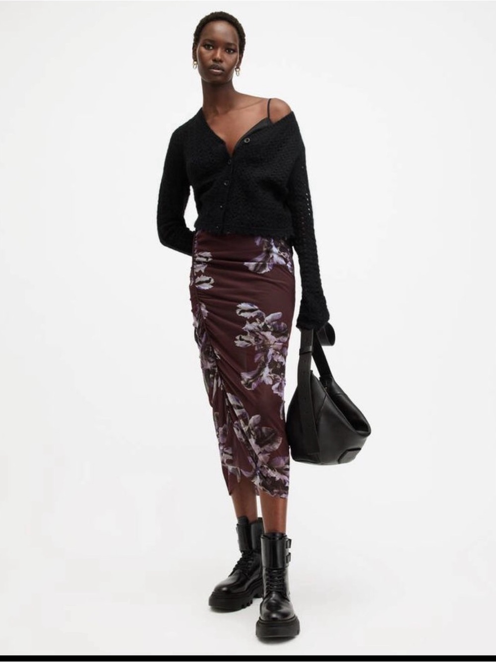 AllSaints Nora Floral Mesh Ruched Midi Skirt | Oxblood US 4